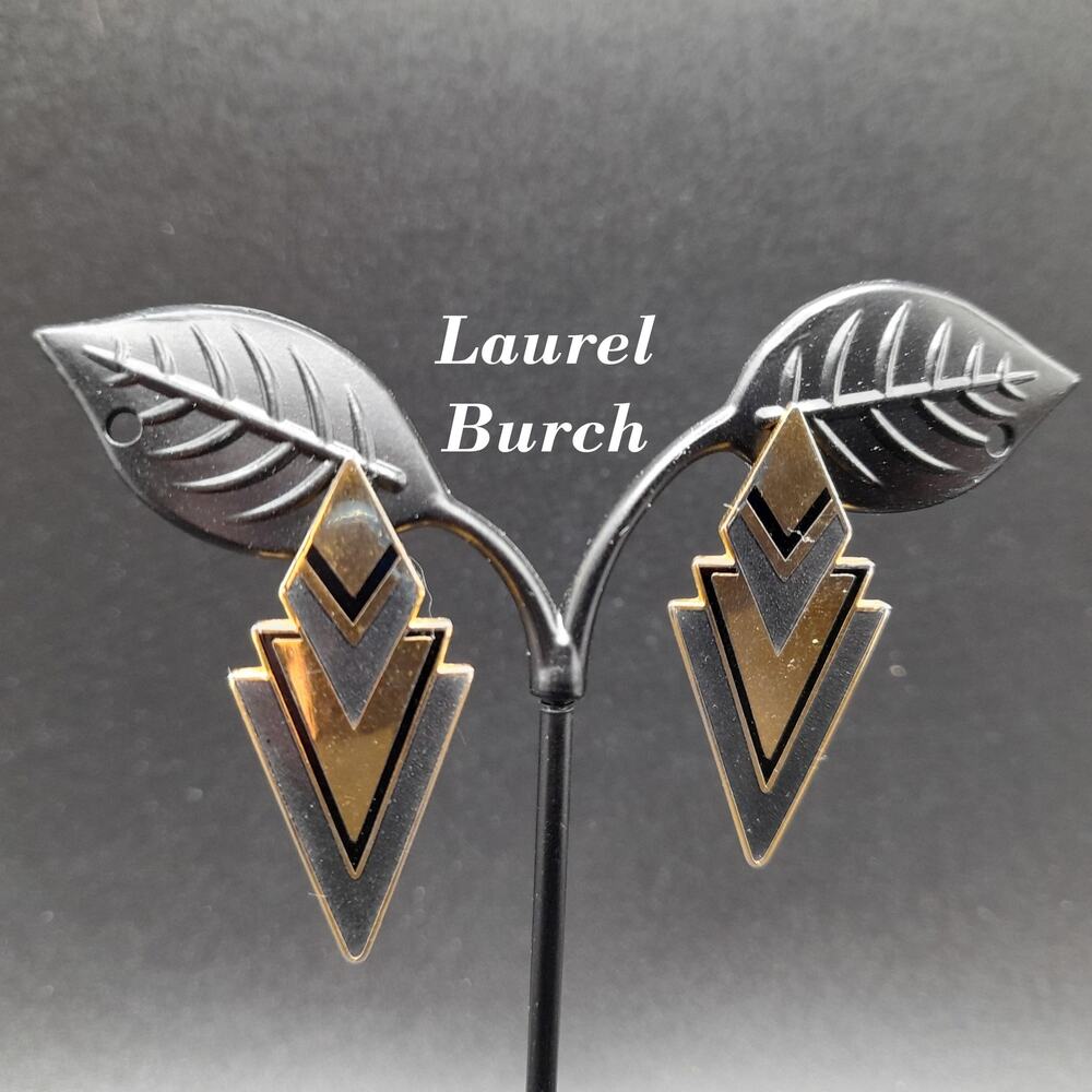 Vintage Laurel Burch Gray Gold Post Earrings, Geometric Gold Plated